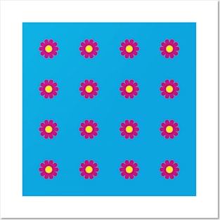 Cerise daisies with Yellow centres on a Vibrant Blue background Posters and Art